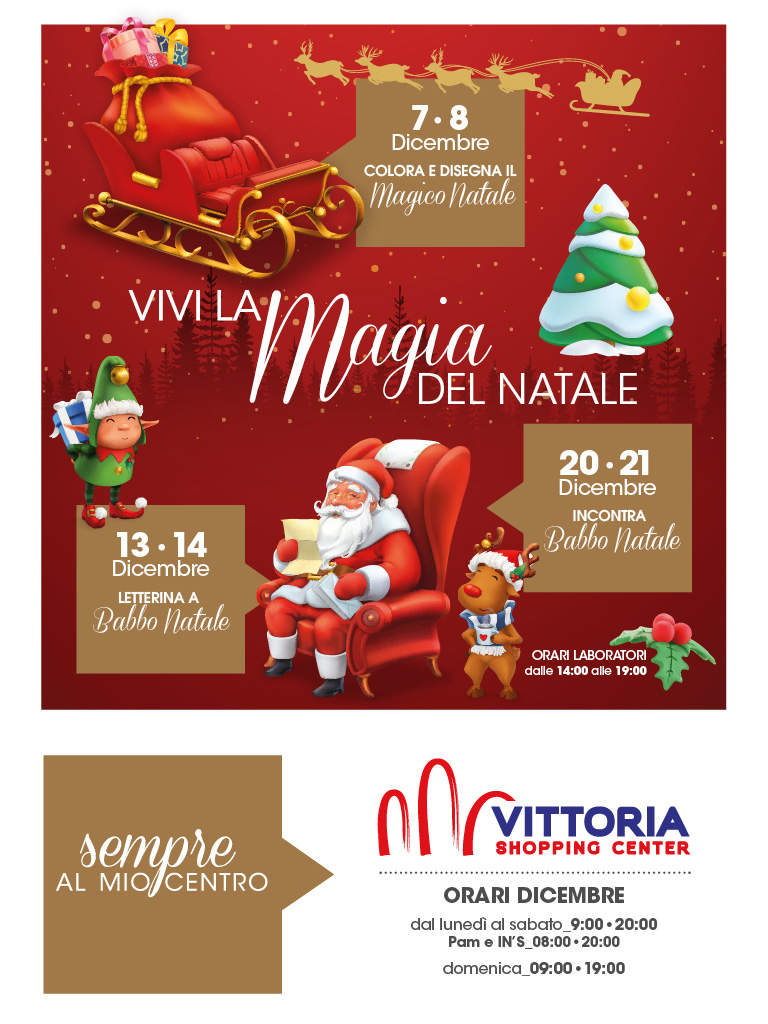 Laboratori natalizi per bambini e incontri con Babbo Natale a dicembre, con orari speciali al Vittoria Shopping Center.